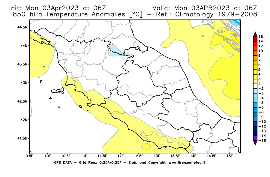 Mappa di analisi GFS - Anomalia Temperatura [°C] a 850 hPa in Centro-Italia
							del 03/04/2023 06 <!--googleoff: index-->UTC<!--googleon: index-->