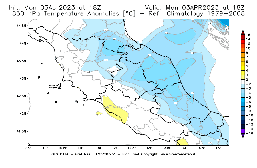Mappa di analisi GFS - Anomalia Temperatura [°C] a 850 hPa in Centro-Italia
							del 03/04/2023 18 <!--googleoff: index-->UTC<!--googleon: index-->