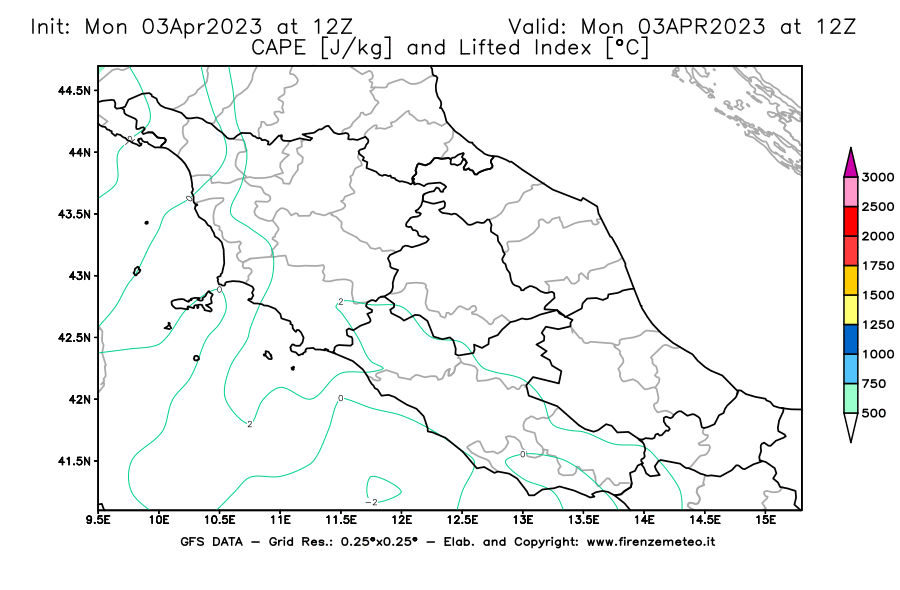 Mappa di analisi GFS - CAPE [J/kg] e Lifted Index [°C] in Centro-Italia
							del 03/04/2023 12 <!--googleoff: index-->UTC<!--googleon: index-->