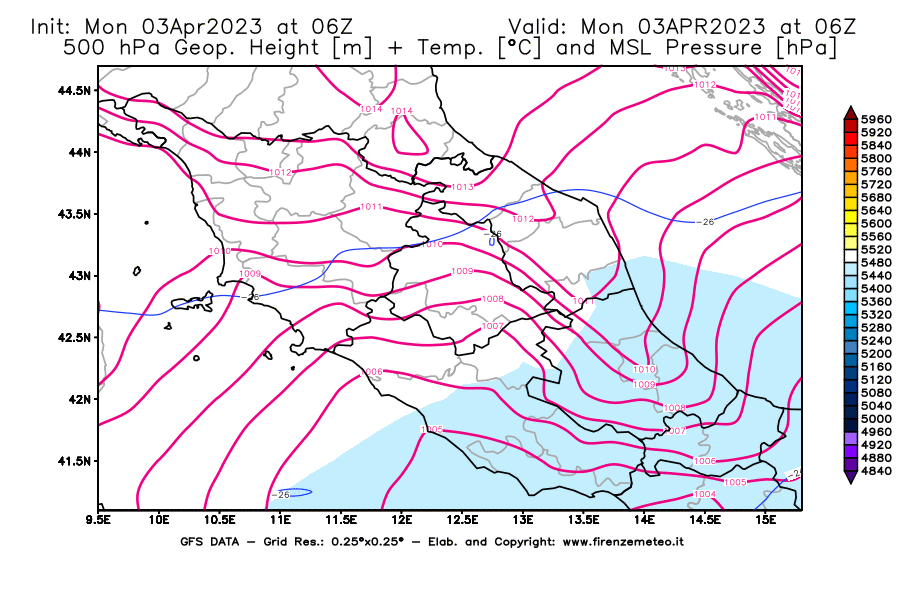 Mappa di analisi GFS - Geopotenziale [m] + Temp. [°C] a 500 hPa + Press. a livello del mare [hPa] in Centro-Italia
							del 03/04/2023 06 <!--googleoff: index-->UTC<!--googleon: index-->