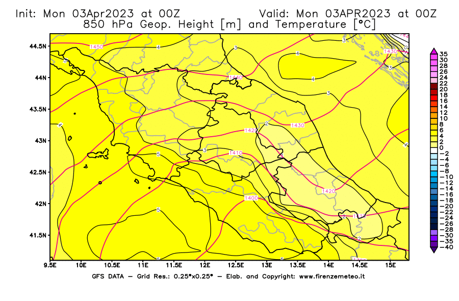 Mappa di analisi GFS - Geopotenziale [m] e Temperatura [°C] a 850 hPa in Centro-Italia
							del 03/04/2023 00 <!--googleoff: index-->UTC<!--googleon: index-->