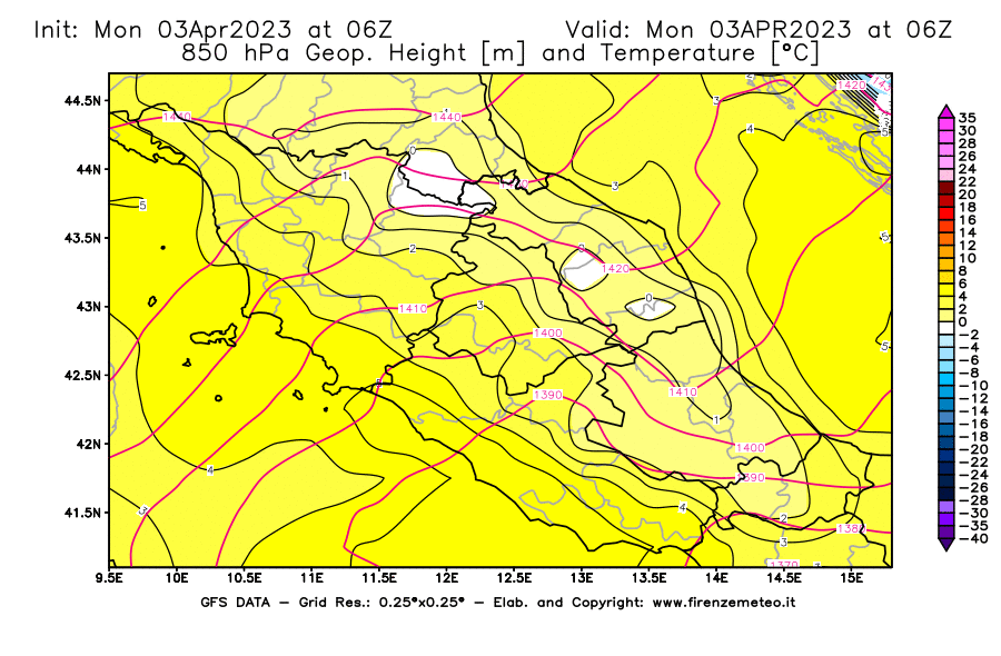 Mappa di analisi GFS - Geopotenziale [m] e Temperatura [°C] a 850 hPa in Centro-Italia
							del 03/04/2023 06 <!--googleoff: index-->UTC<!--googleon: index-->