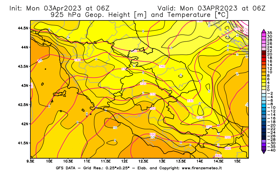 Mappa di analisi GFS - Geopotenziale [m] e Temperatura [°C] a 925 hPa in Centro-Italia
							del 03/04/2023 06 <!--googleoff: index-->UTC<!--googleon: index-->