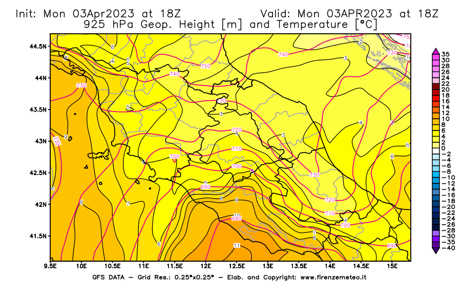 Mappa di analisi GFS - Geopotenziale [m] e Temperatura [°C] a 925 hPa in Centro-Italia
							del 03/04/2023 18 <!--googleoff: index-->UTC<!--googleon: index-->