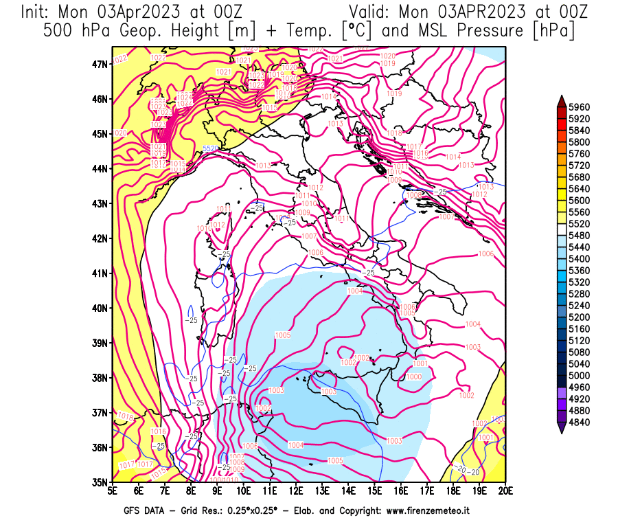 Mappa di analisi GFS - Geopotenziale [m] + Temp. [°C] a 500 hPa + Press. a livello del mare [hPa] in Italia
							del 03/04/2023 00 <!--googleoff: index-->UTC<!--googleon: index-->