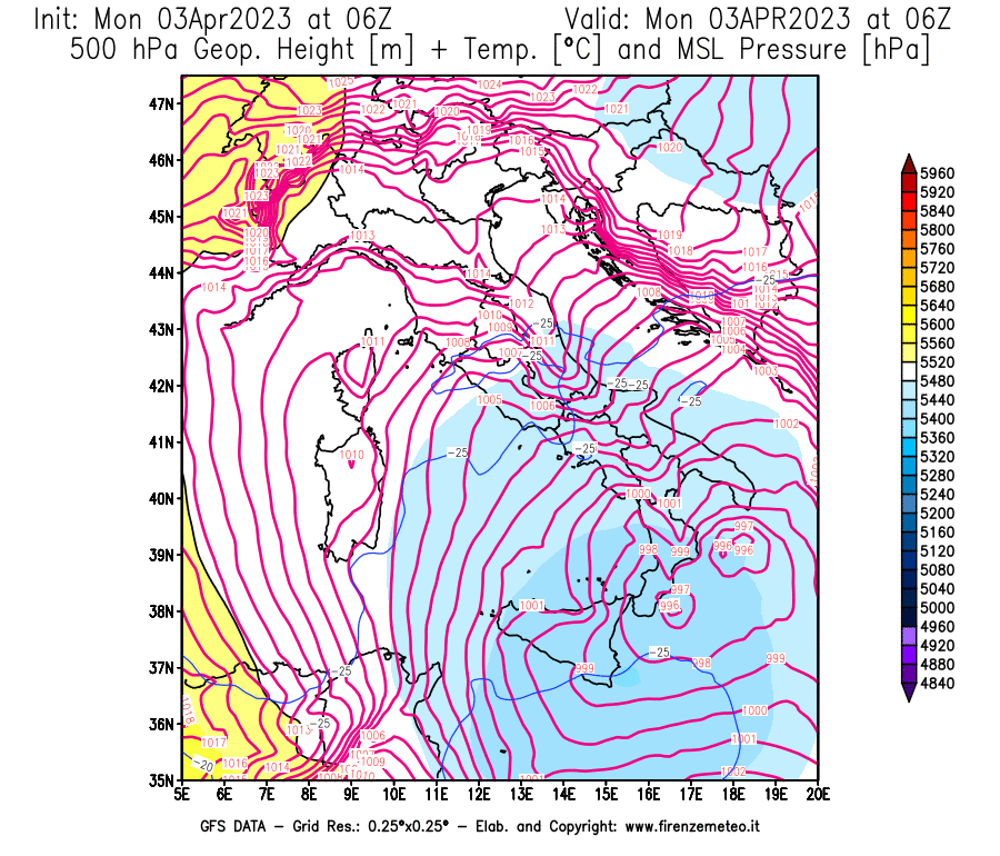 Mappa di analisi GFS - Geopotenziale [m] + Temp. [°C] a 500 hPa + Press. a livello del mare [hPa] in Italia
							del 03/04/2023 06 <!--googleoff: index-->UTC<!--googleon: index-->
