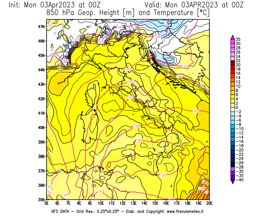 Mappa di analisi GFS - Geopotenziale [m] e Temperatura [°C] a 850 hPa in Italia
							del 03/04/2023 00 <!--googleoff: index-->UTC<!--googleon: index-->