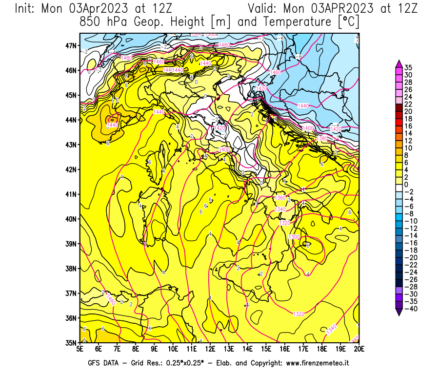 Mappa di analisi GFS - Geopotenziale [m] e Temperatura [°C] a 850 hPa in Italia
							del 03/04/2023 12 <!--googleoff: index-->UTC<!--googleon: index-->