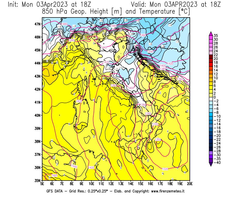 Mappa di analisi GFS - Geopotenziale [m] e Temperatura [°C] a 850 hPa in Italia
							del 03/04/2023 18 <!--googleoff: index-->UTC<!--googleon: index-->