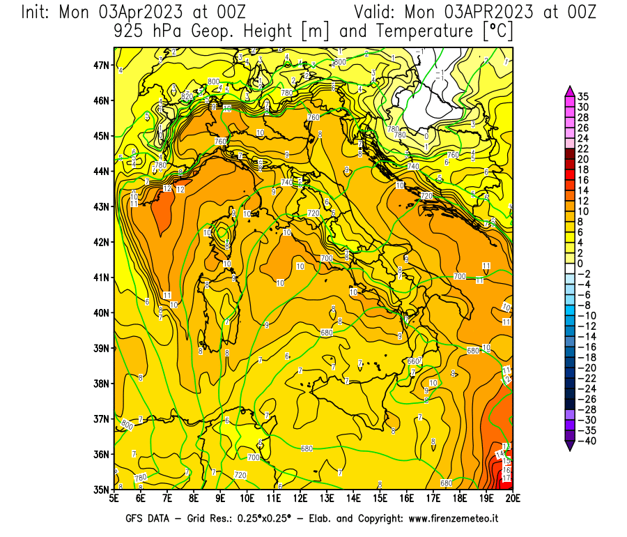 Mappa di analisi GFS - Geopotenziale [m] e Temperatura [°C] a 925 hPa in Italia
							del 03/04/2023 00 <!--googleoff: index-->UTC<!--googleon: index-->