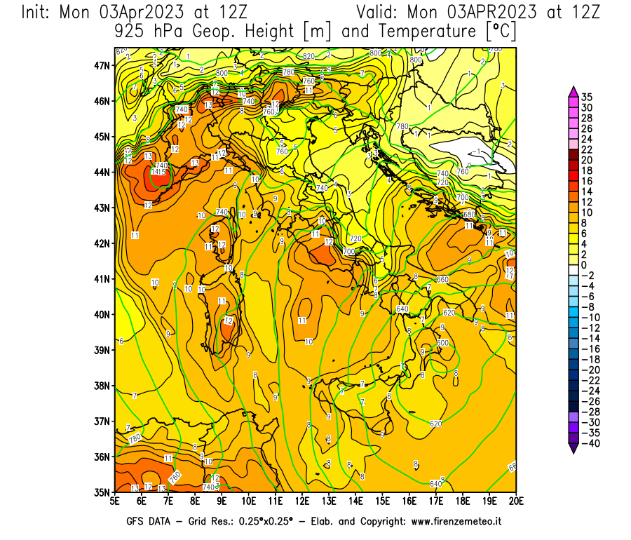 Mappa di analisi GFS - Geopotenziale [m] e Temperatura [°C] a 925 hPa in Italia
							del 03/04/2023 12 <!--googleoff: index-->UTC<!--googleon: index-->