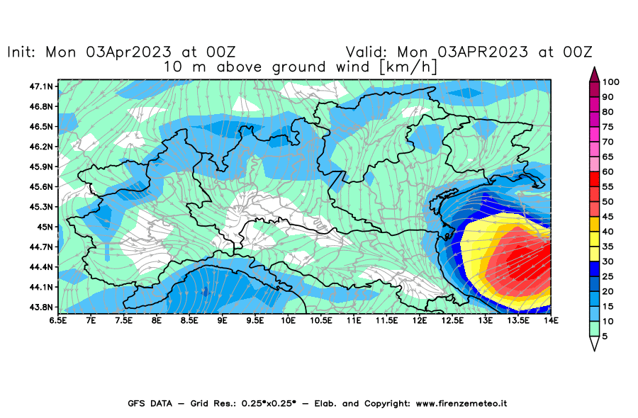 Mappa di analisi GFS - Velocità del vento a 10 metri dal suolo [km/h] in Nord-Italia
							del 03/04/2023 00 <!--googleoff: index-->UTC<!--googleon: index-->