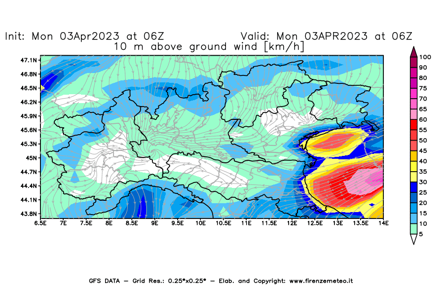 Mappa di analisi GFS - Velocità del vento a 10 metri dal suolo [km/h] in Nord-Italia
							del 03/04/2023 06 <!--googleoff: index-->UTC<!--googleon: index-->