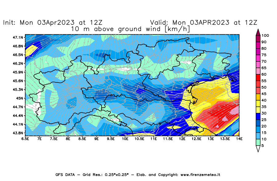 Mappa di analisi GFS - Velocità del vento a 10 metri dal suolo [km/h] in Nord-Italia
							del 03/04/2023 12 <!--googleoff: index-->UTC<!--googleon: index-->
