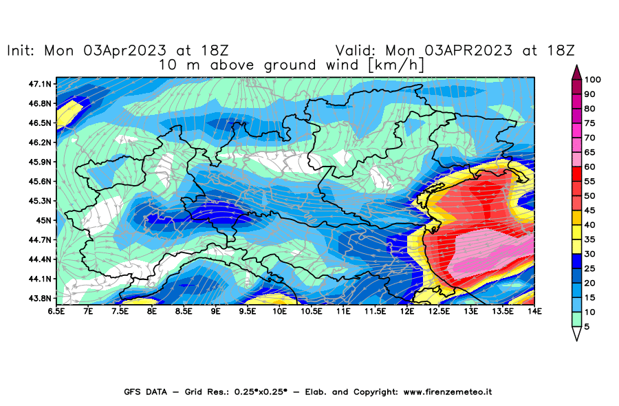 Mappa di analisi GFS - Velocità del vento a 10 metri dal suolo [km/h] in Nord-Italia
							del 03/04/2023 18 <!--googleoff: index-->UTC<!--googleon: index-->