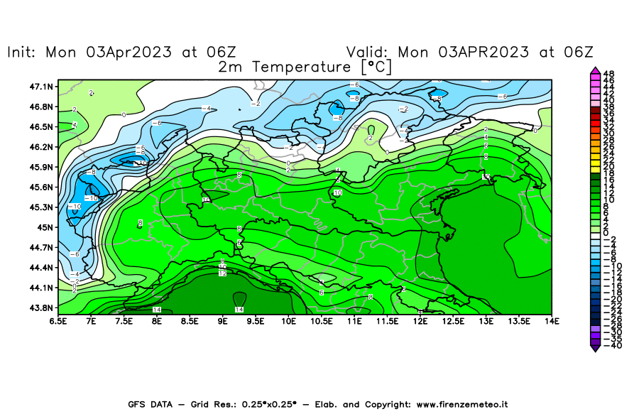 Mappa di analisi GFS - Temperatura a 2 metri dal suolo [°C] in Nord-Italia
							del 03/04/2023 06 <!--googleoff: index-->UTC<!--googleon: index-->