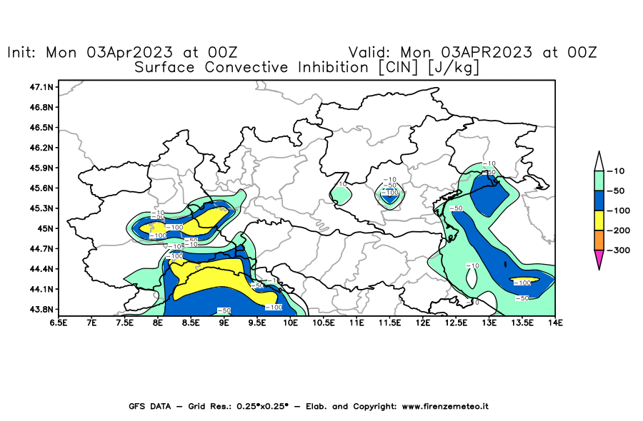 Mappa di analisi GFS - CIN [J/kg] in Nord-Italia
							del 03/04/2023 00 <!--googleoff: index-->UTC<!--googleon: index-->