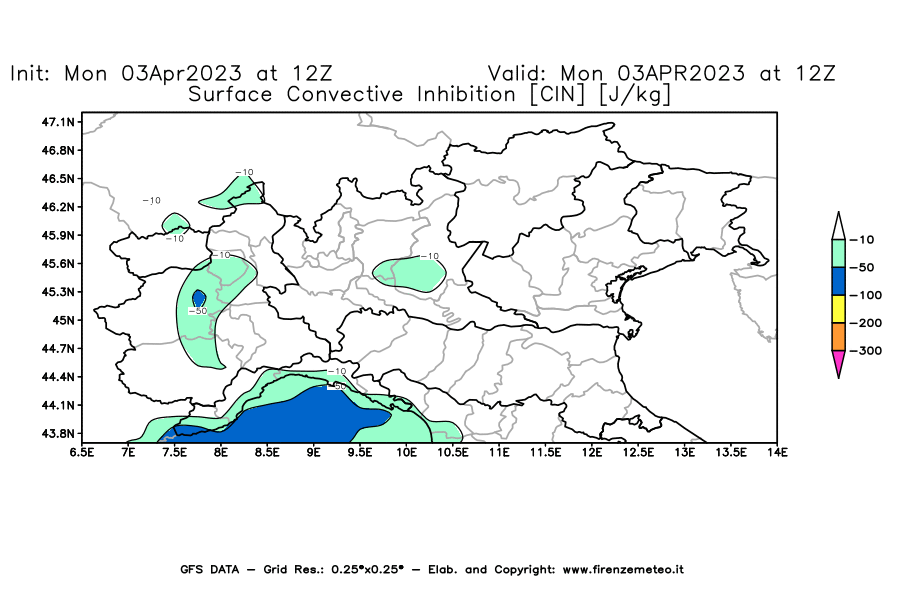 Mappa di analisi GFS - CIN [J/kg] in Nord-Italia
							del 03/04/2023 12 <!--googleoff: index-->UTC<!--googleon: index-->
