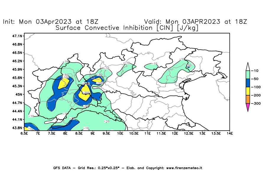 Mappa di analisi GFS - CIN [J/kg] in Nord-Italia
							del 03/04/2023 18 <!--googleoff: index-->UTC<!--googleon: index-->