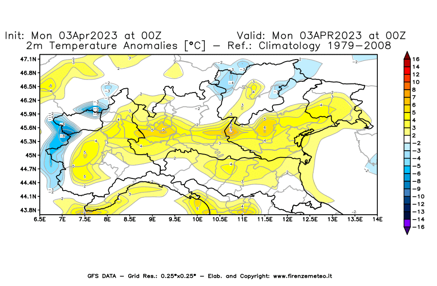 Mappa di analisi GFS - Anomalia Temperatura [°C] a 2 m in Nord-Italia
							del 03/04/2023 00 <!--googleoff: index-->UTC<!--googleon: index-->