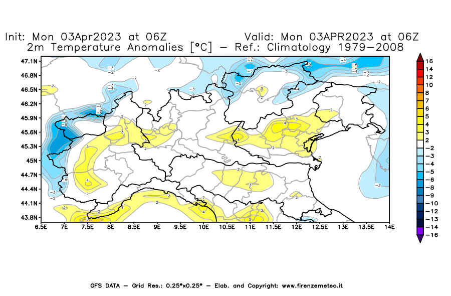 Mappa di analisi GFS - Anomalia Temperatura [°C] a 2 m in Nord-Italia
							del 03/04/2023 06 <!--googleoff: index-->UTC<!--googleon: index-->
