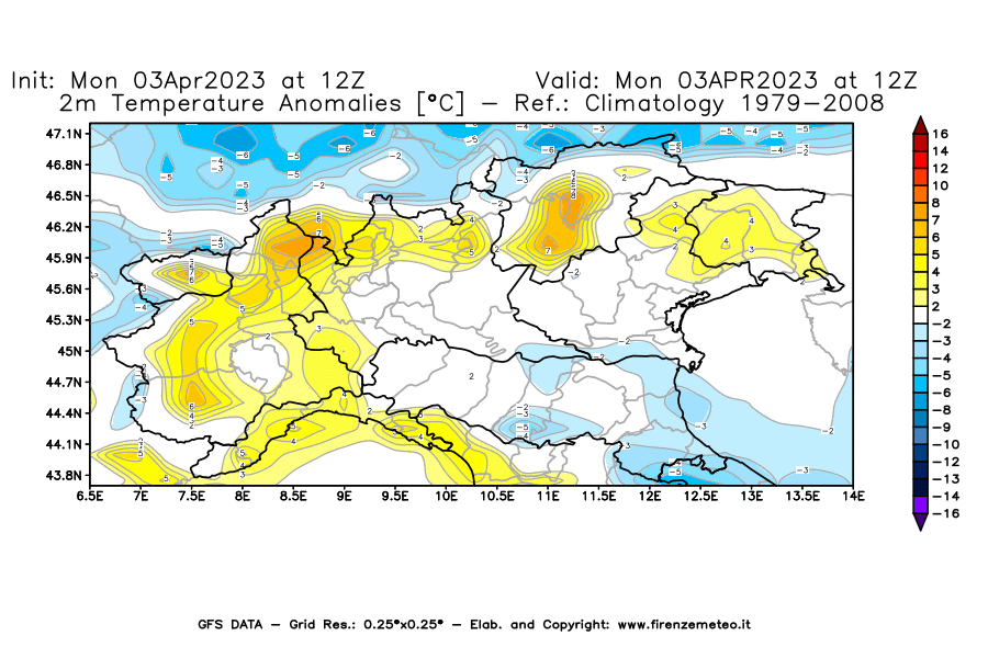 Mappa di analisi GFS - Anomalia Temperatura [°C] a 2 m in Nord-Italia
							del 03/04/2023 12 <!--googleoff: index-->UTC<!--googleon: index-->