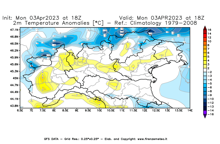 Mappa di analisi GFS - Anomalia Temperatura [°C] a 2 m in Nord-Italia
							del 03/04/2023 18 <!--googleoff: index-->UTC<!--googleon: index-->