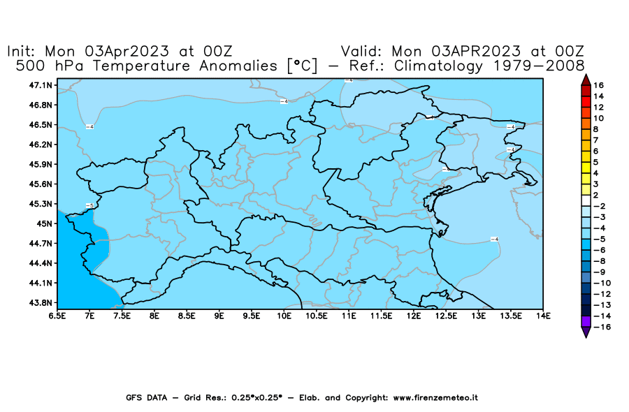 Mappa di analisi GFS - Anomalia Temperatura [°C] a 500 hPa in Nord-Italia
							del 03/04/2023 00 <!--googleoff: index-->UTC<!--googleon: index-->
