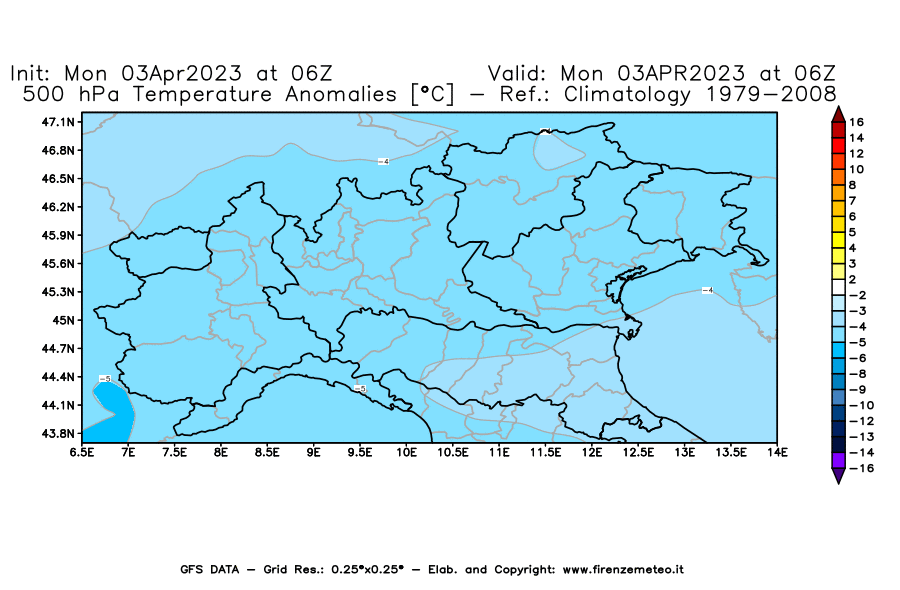 Mappa di analisi GFS - Anomalia Temperatura [°C] a 500 hPa in Nord-Italia
							del 03/04/2023 06 <!--googleoff: index-->UTC<!--googleon: index-->