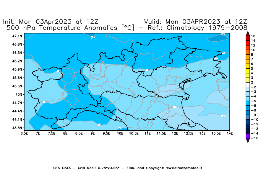 Mappa di analisi GFS - Anomalia Temperatura [°C] a 500 hPa in Nord-Italia
							del 03/04/2023 12 <!--googleoff: index-->UTC<!--googleon: index-->