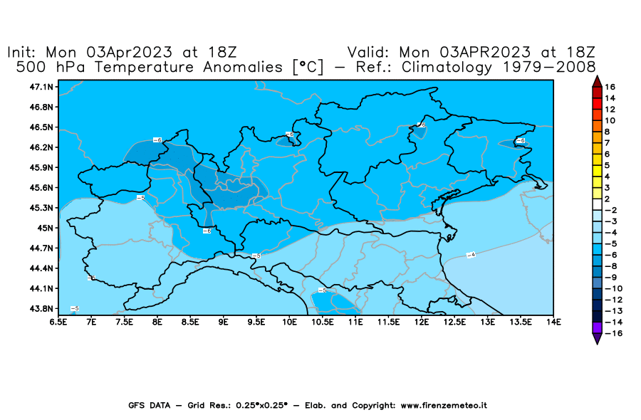 Mappa di analisi GFS - Anomalia Temperatura [°C] a 500 hPa in Nord-Italia
							del 03/04/2023 18 <!--googleoff: index-->UTC<!--googleon: index-->
