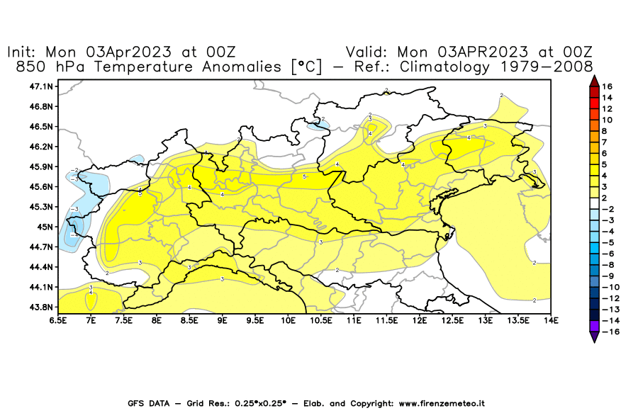 Mappa di analisi GFS - Anomalia Temperatura [°C] a 850 hPa in Nord-Italia
							del 03/04/2023 00 <!--googleoff: index-->UTC<!--googleon: index-->