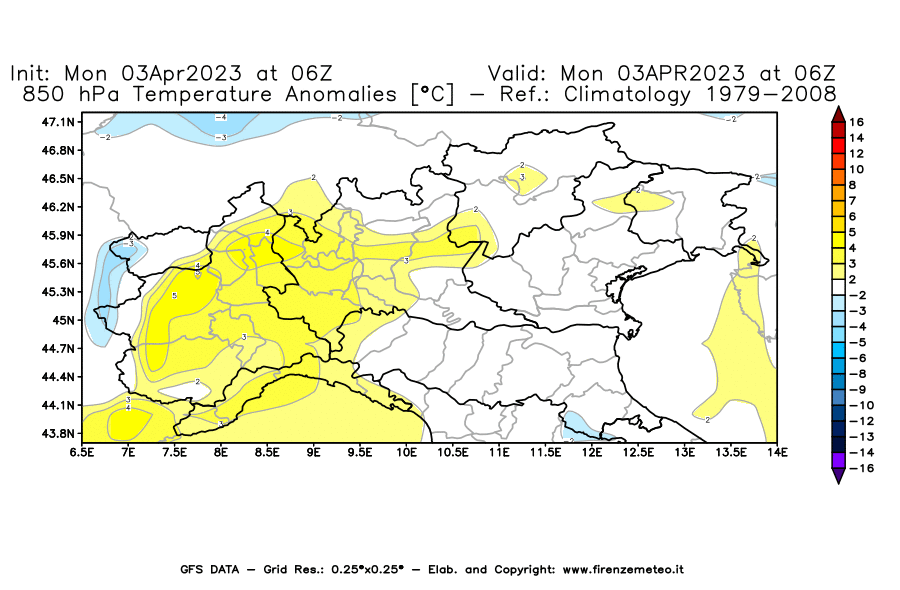 Mappa di analisi GFS - Anomalia Temperatura [°C] a 850 hPa in Nord-Italia
							del 03/04/2023 06 <!--googleoff: index-->UTC<!--googleon: index-->