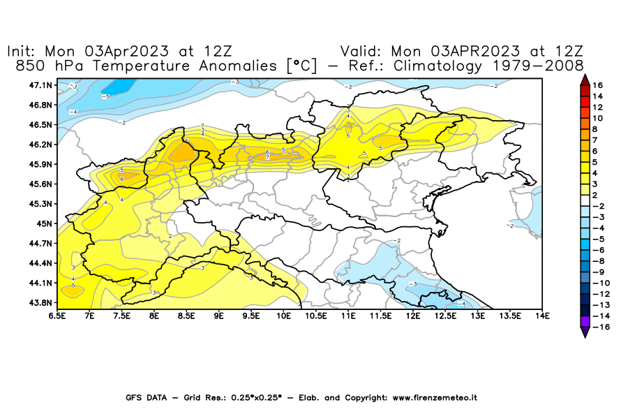 Mappa di analisi GFS - Anomalia Temperatura [°C] a 850 hPa in Nord-Italia
							del 03/04/2023 12 <!--googleoff: index-->UTC<!--googleon: index-->