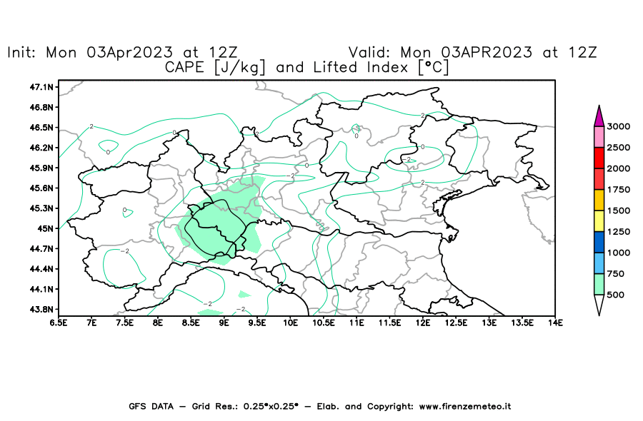 Mappa di analisi GFS - CAPE [J/kg] e Lifted Index [°C] in Nord-Italia
							del 03/04/2023 12 <!--googleoff: index-->UTC<!--googleon: index-->
