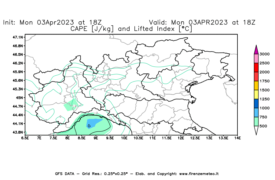 Mappa di analisi GFS - CAPE [J/kg] e Lifted Index [°C] in Nord-Italia
							del 03/04/2023 18 <!--googleoff: index-->UTC<!--googleon: index-->