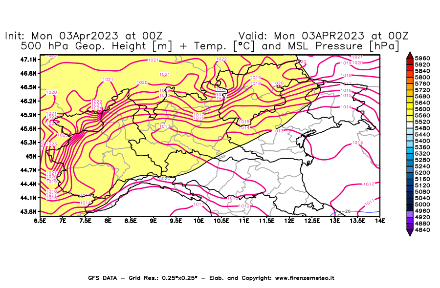 Mappa di analisi GFS - Geopotenziale [m] + Temp. [°C] a 500 hPa + Press. a livello del mare [hPa] in Nord-Italia
							del 03/04/2023 00 <!--googleoff: index-->UTC<!--googleon: index-->