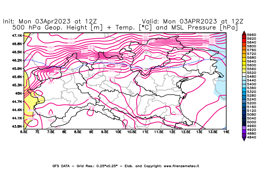 Mappa di analisi GFS - Geopotenziale [m] + Temp. [°C] a 500 hPa + Press. a livello del mare [hPa] in Nord-Italia
							del 03/04/2023 12 <!--googleoff: index-->UTC<!--googleon: index-->
