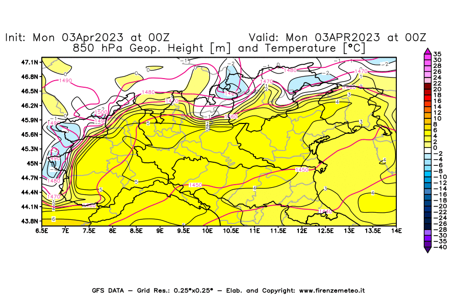 Mappa di analisi GFS - Geopotenziale [m] e Temperatura [°C] a 850 hPa in Nord-Italia
							del 03/04/2023 00 <!--googleoff: index-->UTC<!--googleon: index-->