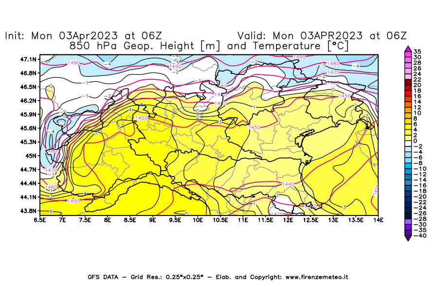 Mappa di analisi GFS - Geopotenziale [m] e Temperatura [°C] a 850 hPa in Nord-Italia
							del 03/04/2023 06 <!--googleoff: index-->UTC<!--googleon: index-->