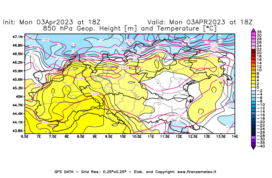 Mappa di analisi GFS - Geopotenziale [m] e Temperatura [°C] a 850 hPa in Nord-Italia
							del 03/04/2023 18 <!--googleoff: index-->UTC<!--googleon: index-->