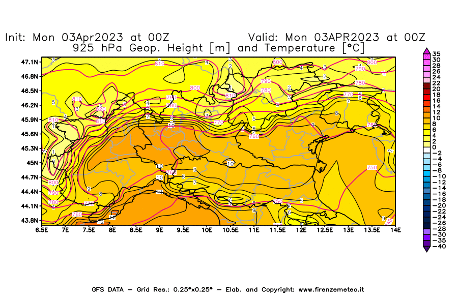 Mappa di analisi GFS - Geopotenziale [m] e Temperatura [°C] a 925 hPa in Nord-Italia
							del 03/04/2023 00 <!--googleoff: index-->UTC<!--googleon: index-->