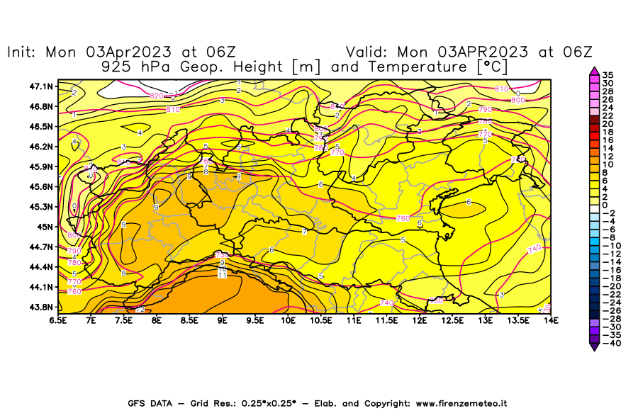 Mappa di analisi GFS - Geopotenziale [m] e Temperatura [°C] a 925 hPa in Nord-Italia
							del 03/04/2023 06 <!--googleoff: index-->UTC<!--googleon: index-->