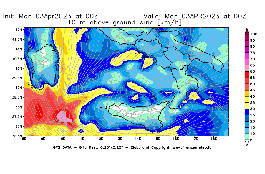 Mappa di analisi GFS - Velocità del vento a 10 metri dal suolo [km/h] in Sud-Italia
							del 03/04/2023 00 <!--googleoff: index-->UTC<!--googleon: index-->