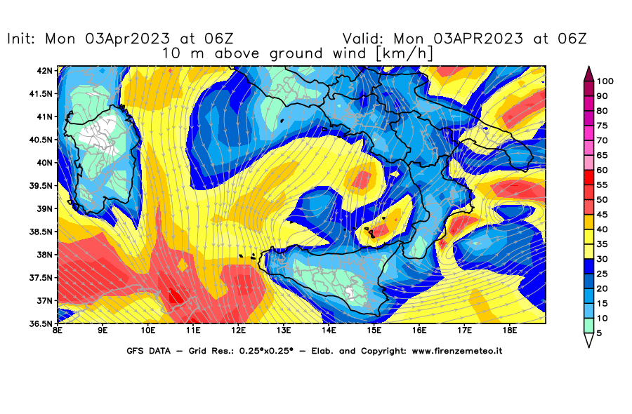 Mappa di analisi GFS - Velocità del vento a 10 metri dal suolo [km/h] in Sud-Italia
							del 03/04/2023 06 <!--googleoff: index-->UTC<!--googleon: index-->