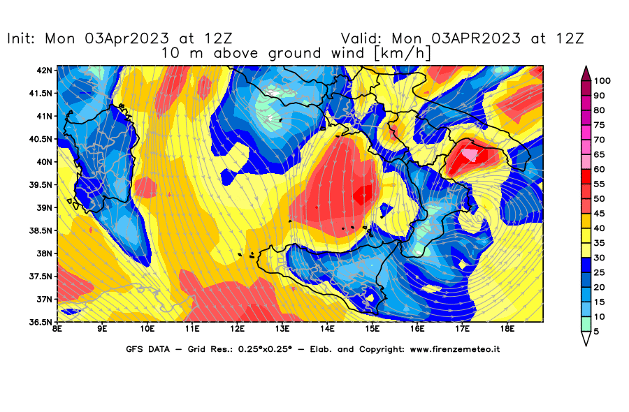 Mappa di analisi GFS - Velocità del vento a 10 metri dal suolo [km/h] in Sud-Italia
							del 03/04/2023 12 <!--googleoff: index-->UTC<!--googleon: index-->
