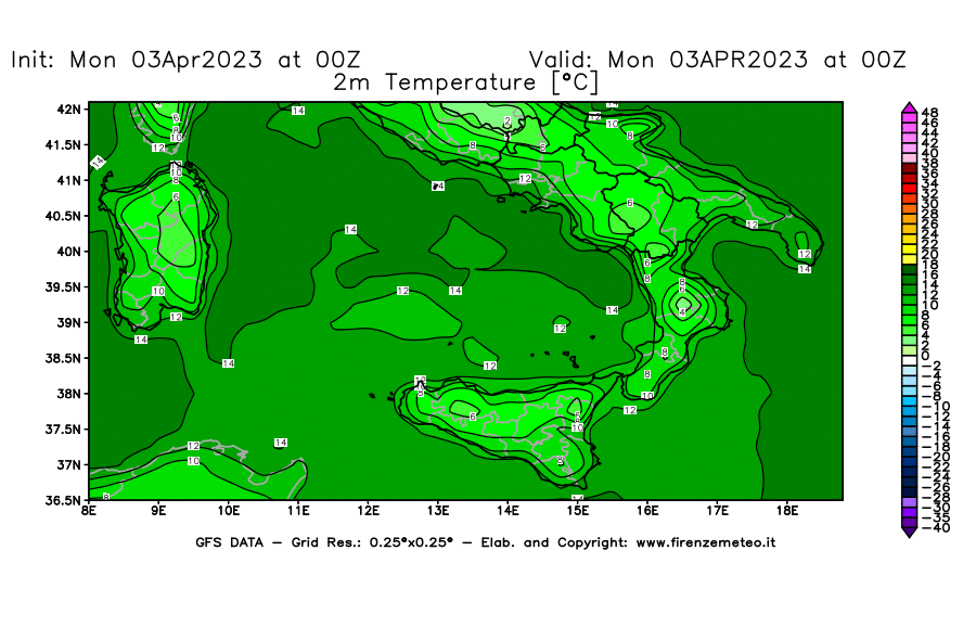 Mappa di analisi GFS - Temperatura a 2 metri dal suolo [°C] in Sud-Italia
							del 03/04/2023 00 <!--googleoff: index-->UTC<!--googleon: index-->