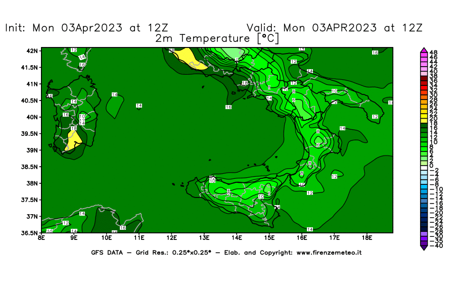 Mappa di analisi GFS - Temperatura a 2 metri dal suolo [°C] in Sud-Italia
							del 03/04/2023 12 <!--googleoff: index-->UTC<!--googleon: index-->