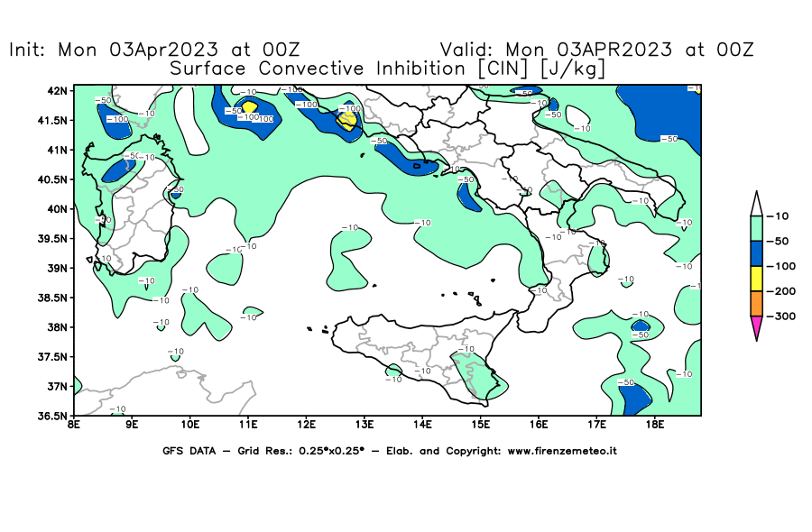 Mappa di analisi GFS - CIN [J/kg] in Sud-Italia
							del 03/04/2023 00 <!--googleoff: index-->UTC<!--googleon: index-->