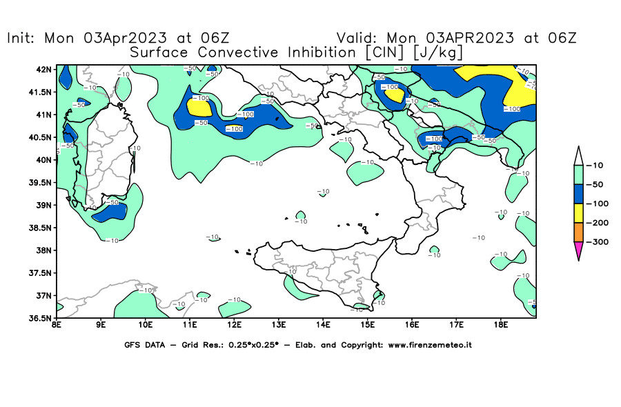 Mappa di analisi GFS - CIN [J/kg] in Sud-Italia
							del 03/04/2023 06 <!--googleoff: index-->UTC<!--googleon: index-->